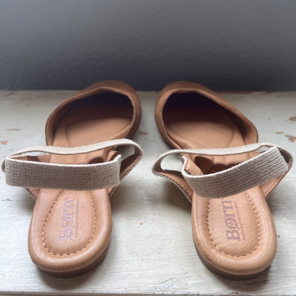 BORN® Coco Slingback Comfort Flat Cognac Brown Suede with Beige Straps Size 9M - Picture 6 of 11